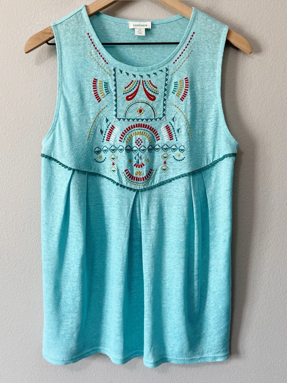Sundance 100% Linen Aqua Blue Jamma Embroidered Tank Top Size XS Boho Aztec